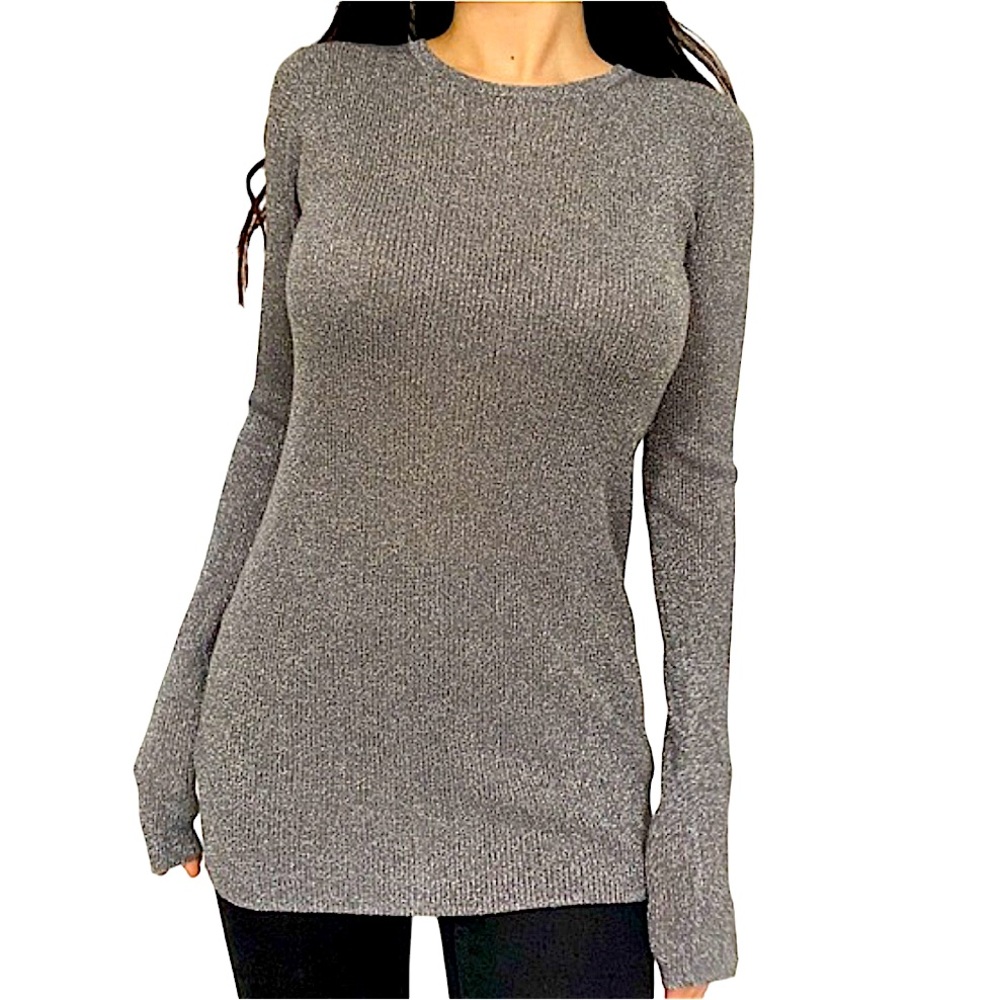 ANN TAYLOR: Shimmery Metallic Silver Long Sleeve Ribbed Sweater -Size Small